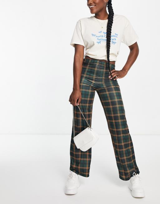 Heartbreak - Broek met wijde pijpen en hoge taille in groen met ruiten, deel van co-ord set