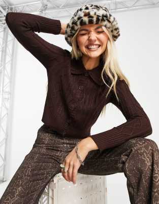 Heartbreak Cable Knit Collared Cardigan In Chocolate Brown ModeSens