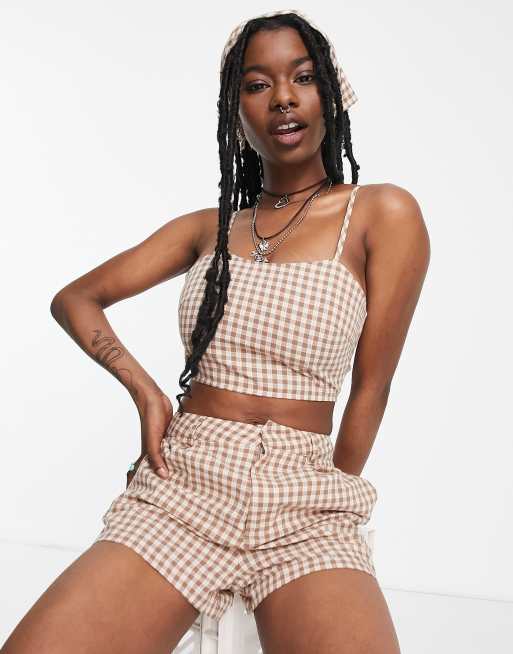 Pull&Bear gingham cami crop top in black