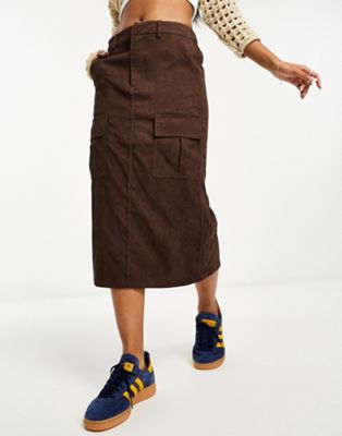 Heartbreak cord cargo midi skirt in brown