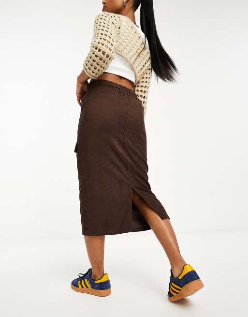 Heartbreak cord cargo midi skirt in brown ASOS