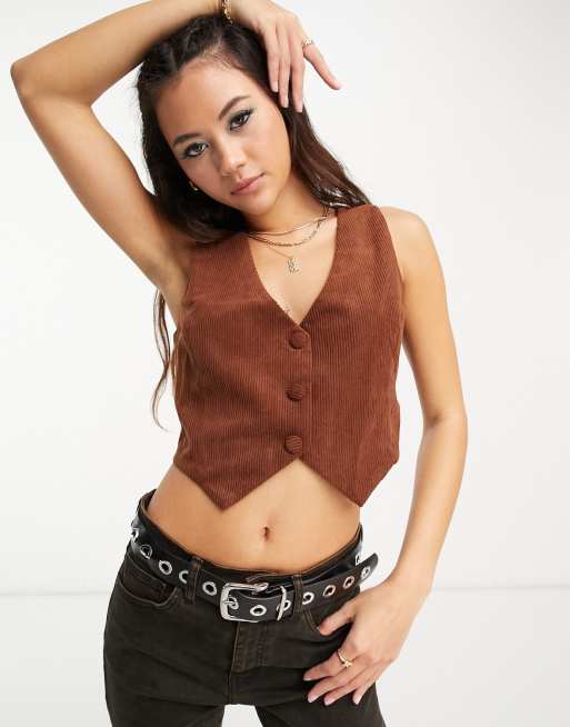Heartbreak cord cropped waistcoat in chocolate brown (part of a set)
