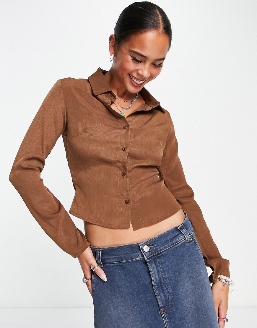 Heartbreak crinkle fitted shirt co-ord in brown
