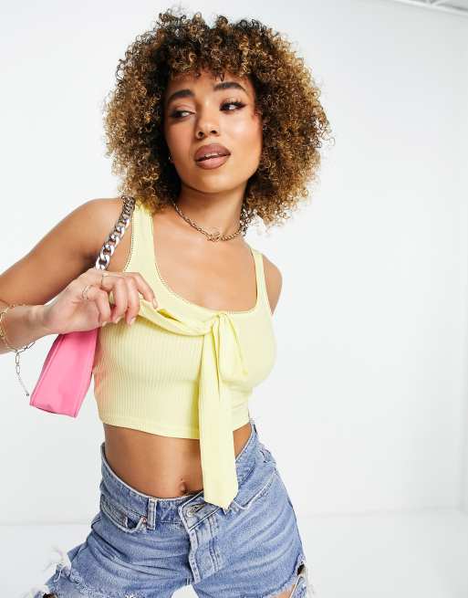 Heartbreak - Crop top a coste con nodo sul davanti color limone in coordinato