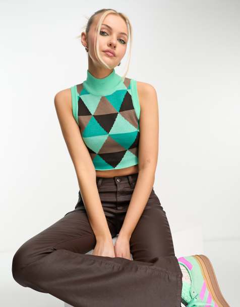 Heartbreak - Crop top accollato in maglia verde a rombi in coordinato - view 1