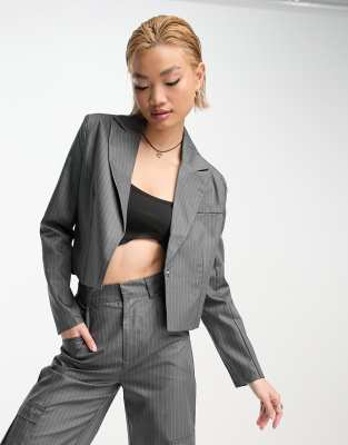 Heartbreak Cropped Blazer In Gray Pinstripe - Part Of A Set