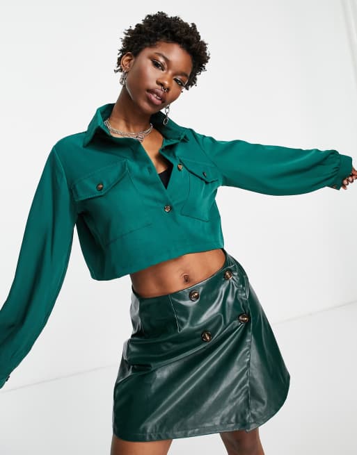 Heartbreak - Cropped overhemd met zak in groenblauw, deel van co-ord set
