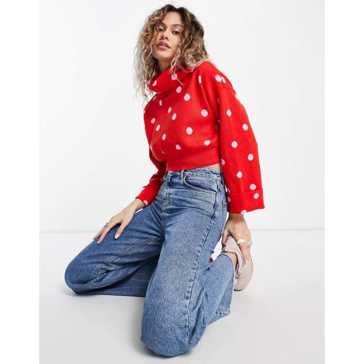 Heartbreak cropped roll neck polka dot jumper in red