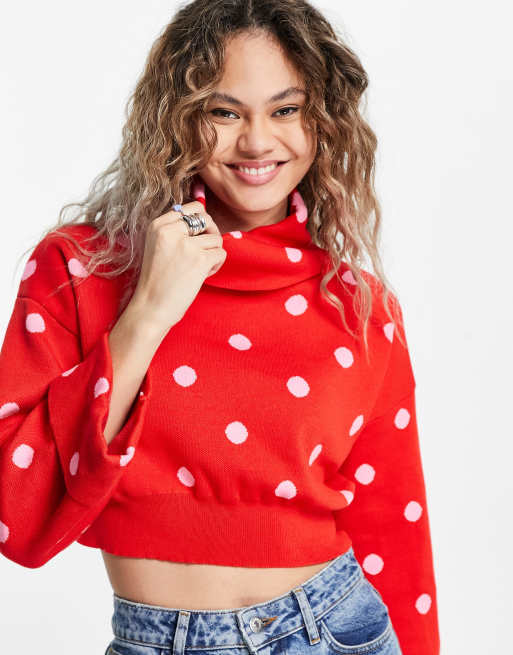 Heartbreak cropped roll neck polka dot jumper in red