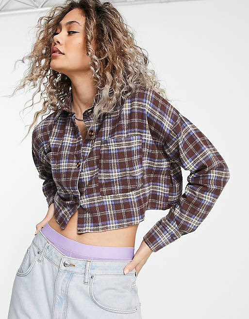 Heartbreak cropped shirt co-ord in brown check