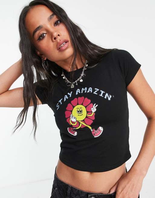 Heartbreak cropped t-shirt with stay amazin' print in black, 4 of 4