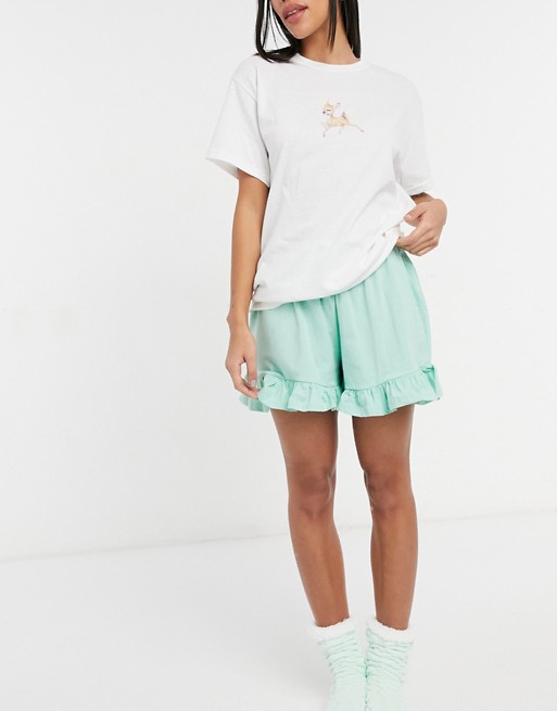 Heartbreak deer print pyjama set t-shirt and shorts in white and pastel green