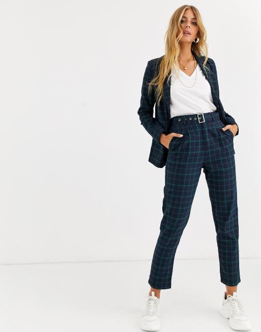 Heartbreak - Elegante geruite broek met riem in marineblauw