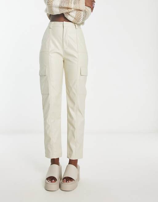 Bershka Faux Leather Cargo Trousers in White