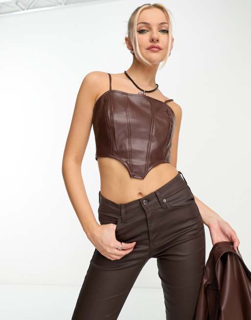 Express Bodycon Faux Leather Corset Crop Top Brown Women's