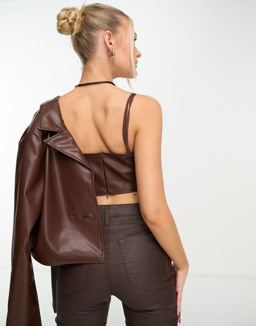 COLLUSION faux leather corset and pants set in brown