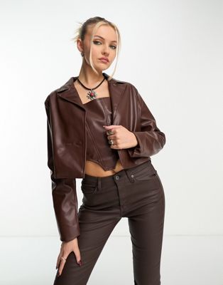 Heartbreak faux leather cropped blazer co-ord in chocolate brown
