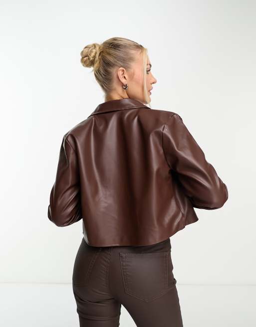 Heartbreak faux leather cropped blazer in chocolate brown (part of a set)