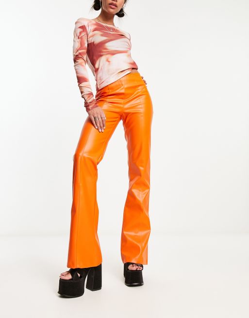 Orange Faux Leather Pants  Faux leather pants, Outfits with hats