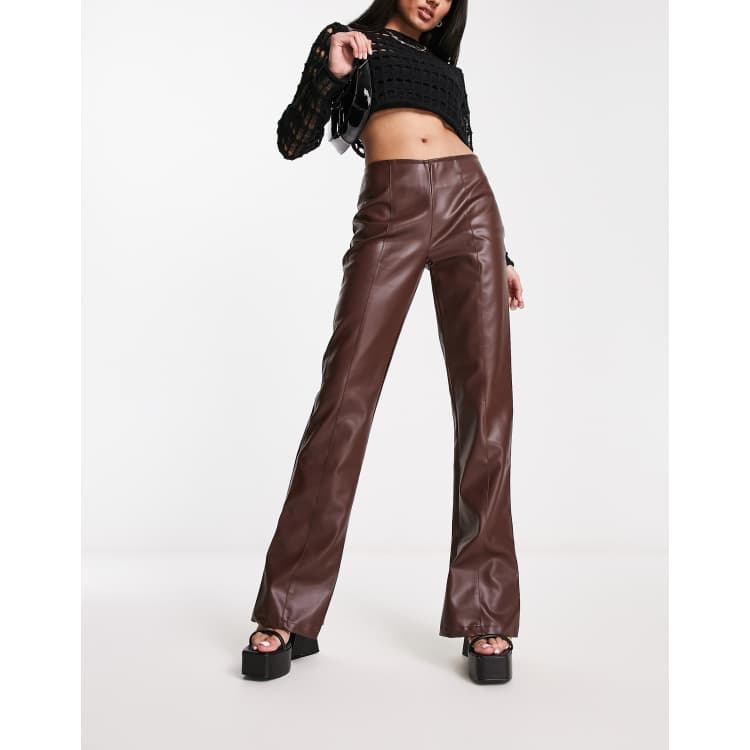 HDE Women's Faux Leather Pants High Waisted Trousers with Pockets Brown S