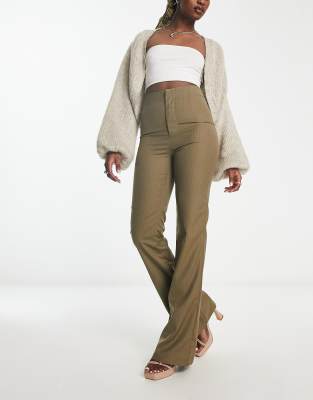 Heartbreak satin wrap around tie waist wide leg pants in khaki