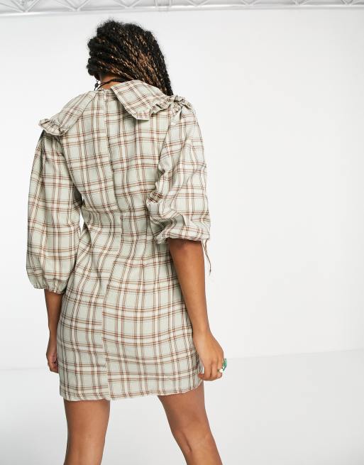 Heartbreak frill collar mini dress in sage check