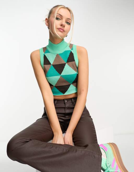 Heartbreak - Gebreide hoogsluitende crop top met ruitprint in groen, deel van co-ord set