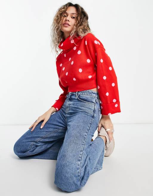 Heartbreak – Gepunkteter Rollkragenpullover mit kurzem Schnitt in Rot