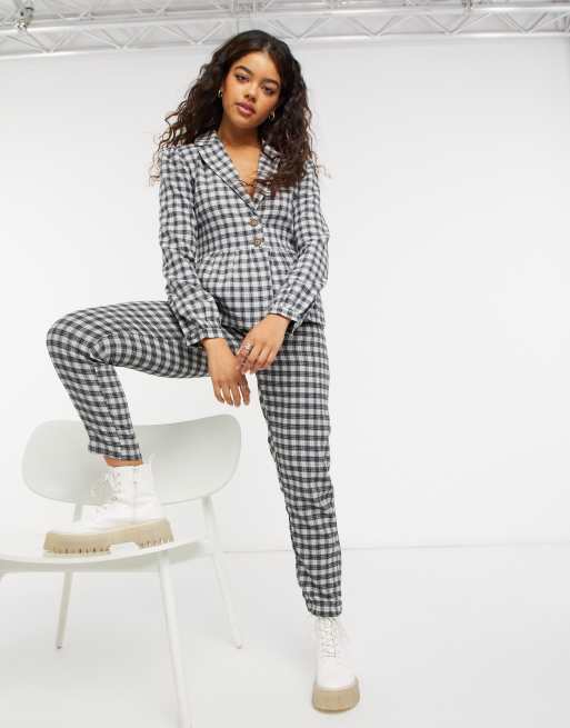 Heartbreak - Geruite blazer met peplum strook en pofmouwen in zwart en wit
