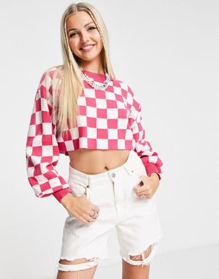 Heartbreak high neck cropped jumper in pink checkerboard print