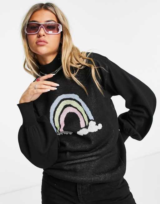 Heartbreak high neck oversized jumper with rainbow print in black