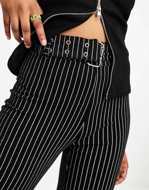 Black Pinstripe Belted Wide Leg Pants