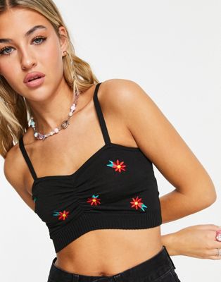 Heartbreak knitted bralette co-ord with flower embroidery in black
