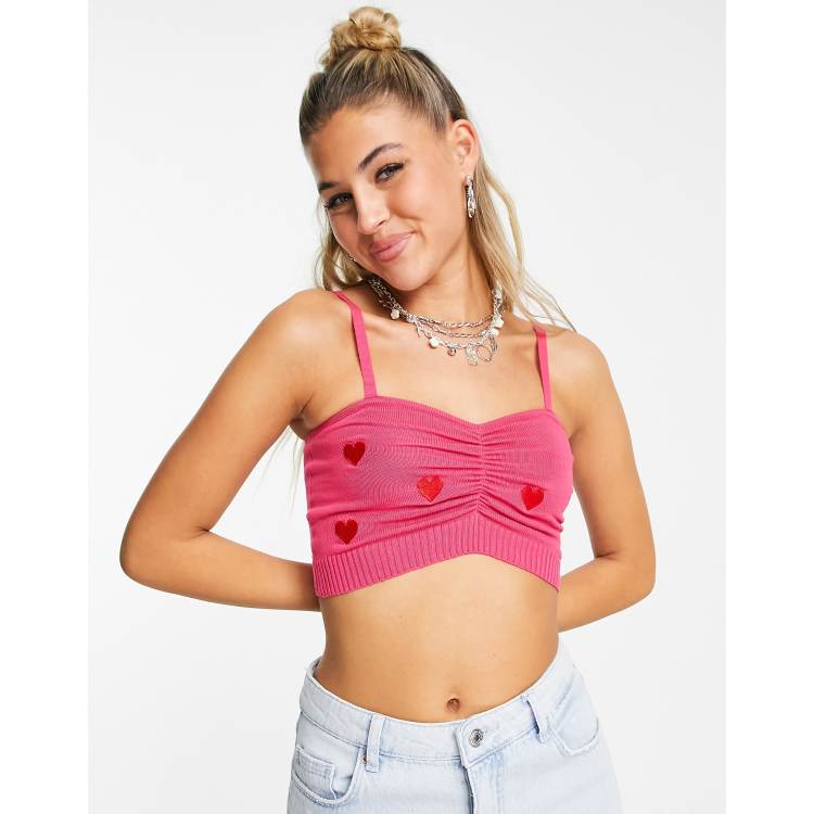 Heartbreak knitted bralette co-ord with heart embroidery in pink