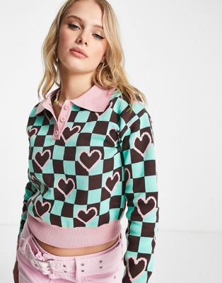 Heartbreak knitted polo top in heart print