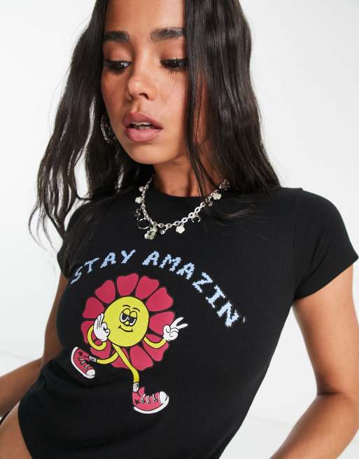 Heartbreak – Kurzes T-Shirt in Schwarz mit „Stay Amazin'“-Print