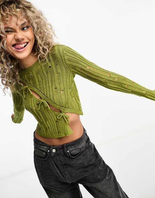 Heartbreak laddered asymmetric tie front sweater in green ASOS