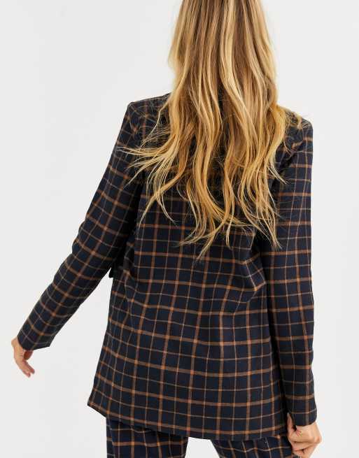 Heartbreak – Langer Boyfriend-Blazer in Marineblau und Orange kariert, 2 von 4
