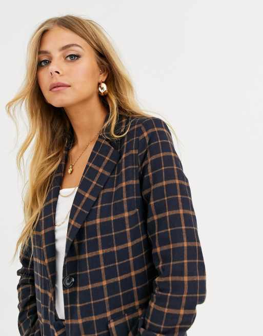Heartbreak – Langer Boyfriend-Blazer in Marineblau und Orange kariert, 3 von 4