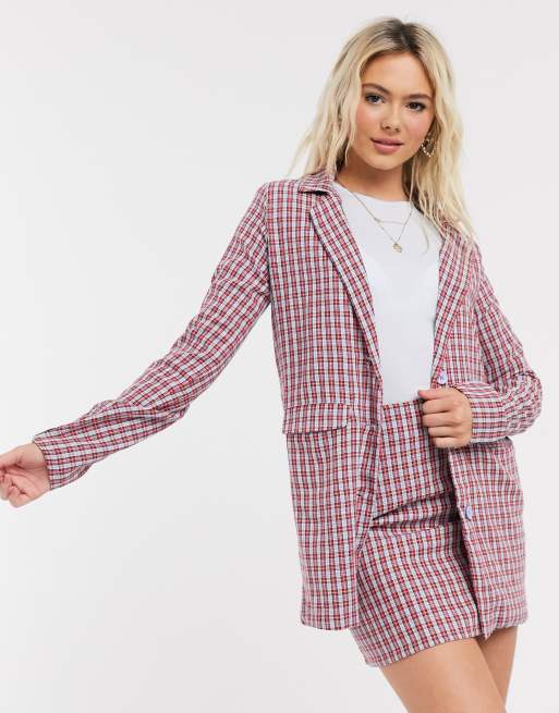 Heartbreak longline blazer in red and blue check | ASOS