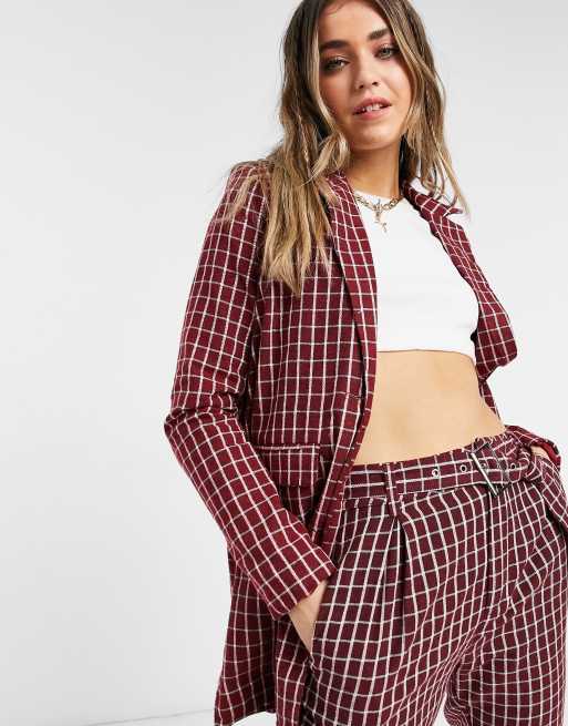 Heartbreak longline boyfriend blazer in brown windowpane check | ASOS