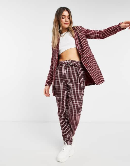 Heartbreak longline boyfriend blazer in brown windowpane check