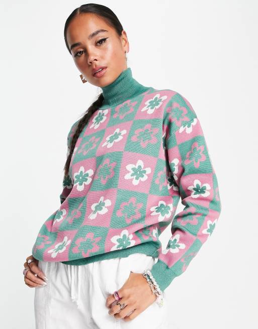 Heartbreak - Maglione accollato verde salvia con scacchiera a fiori