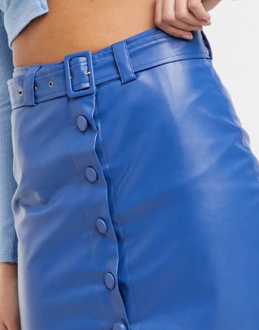 Heartbreak - Minigonna in ecopelle PU con cintura e bottoni sul davanti blu, 3 di 4