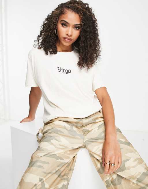Heartbreak – Oversize-T-Shirt in Beige mit „Virgo“-Sternzeichenprint