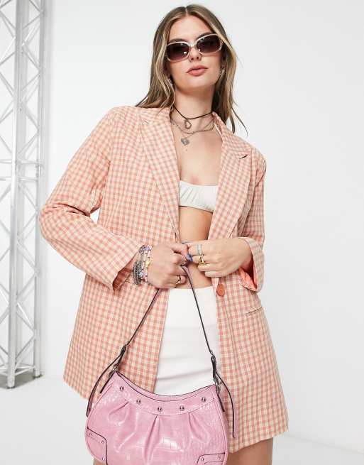 Heartbreak - Oversized blazer met gingham ruit in perzikkleur, deel van co-ord set