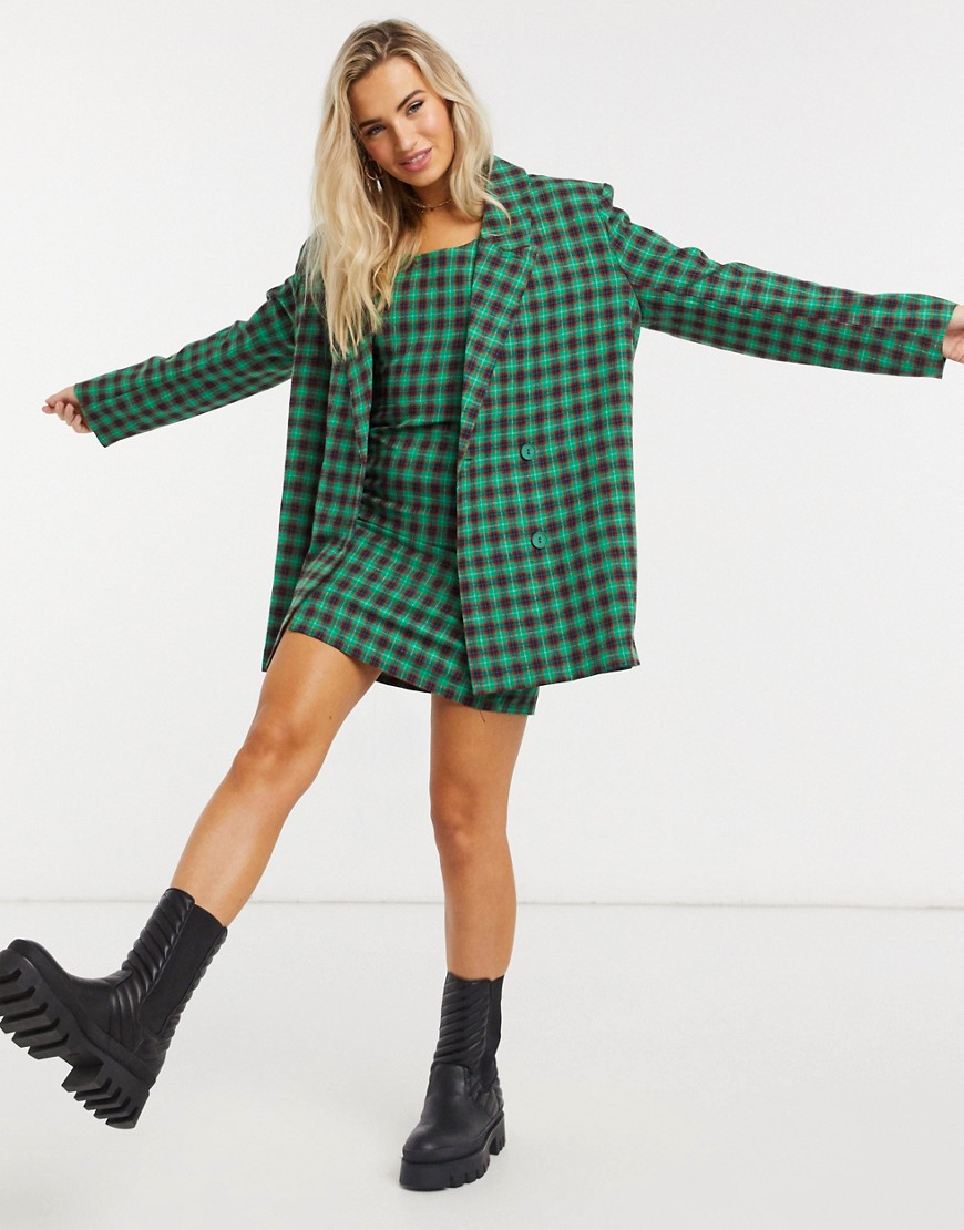 Heartbreak oversized dad blazer in green and red check set-Multi