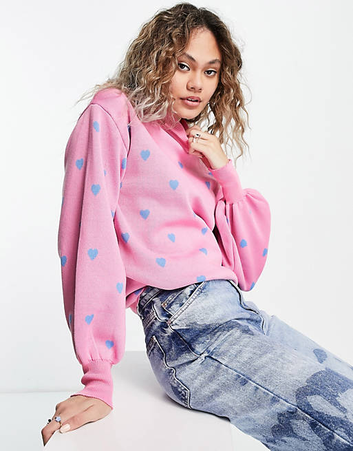 Heartbreak oversized high neck jumper with heart embroidery in baby pink