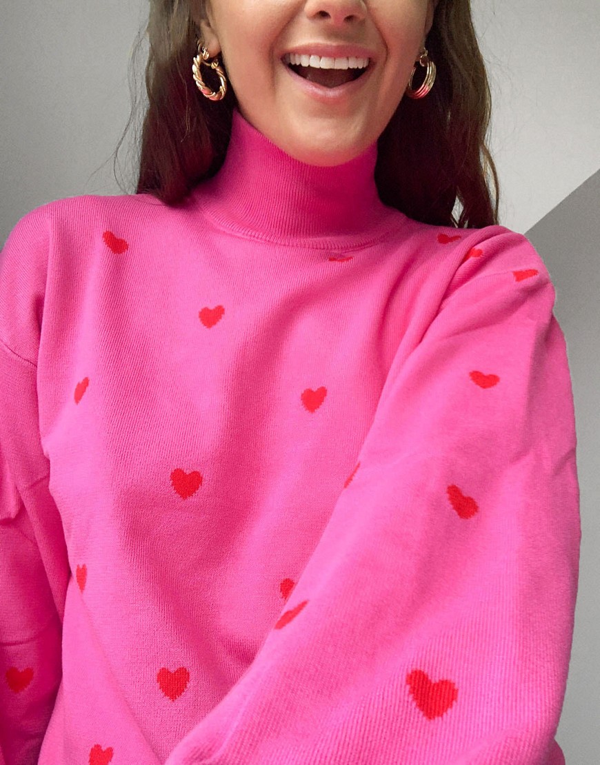 Heartbreak oversized high neck sweater with heart embroidery in pink