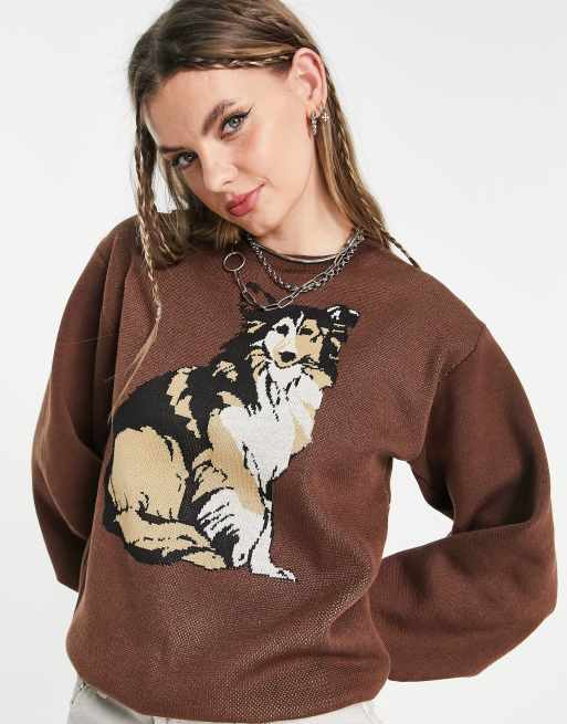 Heartbreak oversized jumper with dog print in chocolate brown ASOS